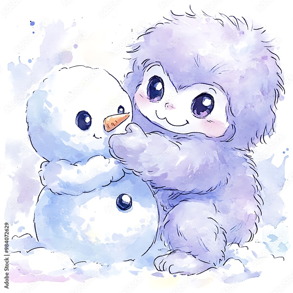 Canvas Prints Cute Yeti Building a Snowman in Watercolor.