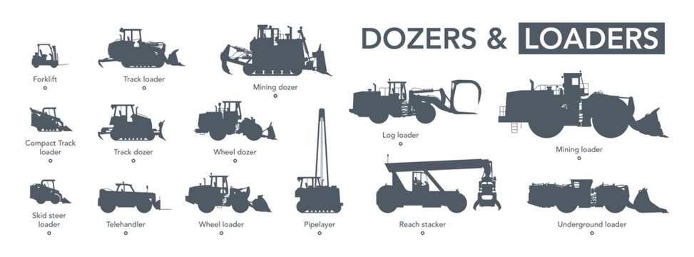 Dozers & loaders icon set. Loading machines silhouette on white. Vector illustration