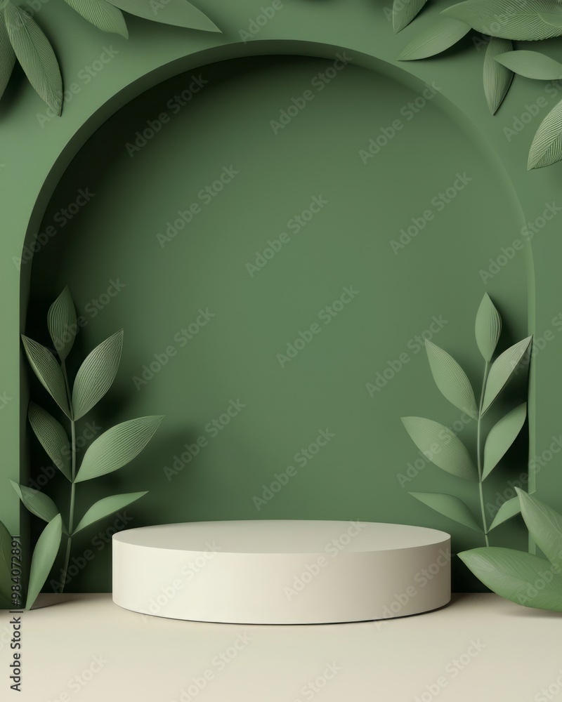 Poster a minimalistic display with green leaves and a circular platform, ideal for product showcases and cr