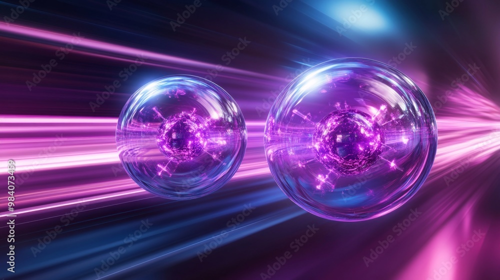 Poster depiction of antimatter and positronium particles approaching each other in dynamic spatial movement