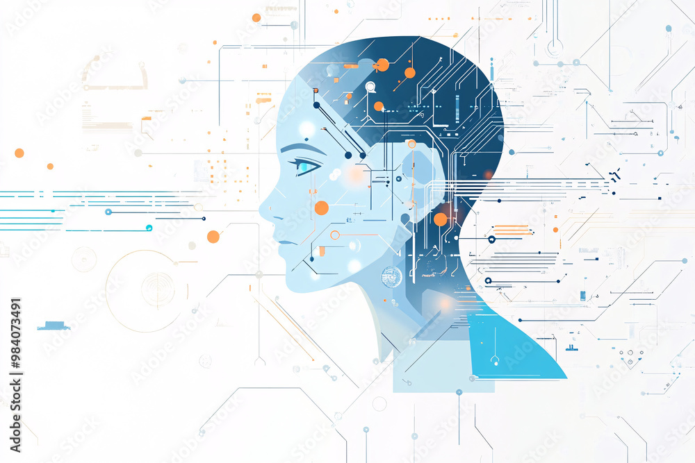 Aufkleber a futuristic digital profile of a woman with circuit-like patterns on a light background representin