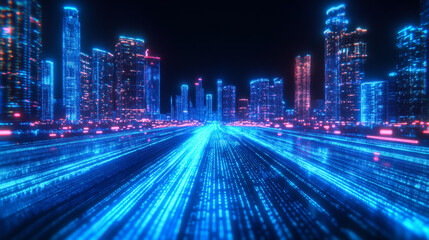 Fototapeta premium Futuristic cityscape illuminated by vibrant neon lights at night showcasing a digital highway effect