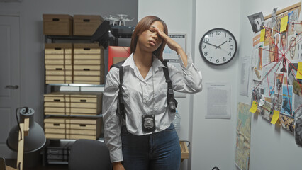 Tired african american woman detective in police department office with evidence board.