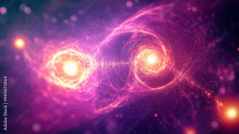Poster visualizing quantum entanglement with swirling colors and luminous spheres in a cosmic backdrop