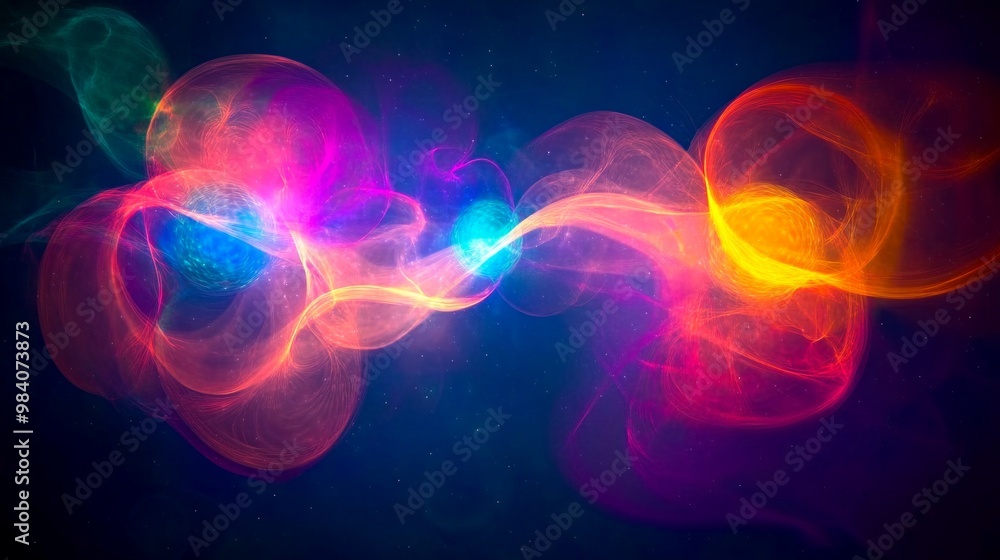 Poster visual representation of quantum entanglement with vibrant colors showcasing particle interactions i