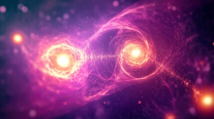 Visualizing quantum entanglement with swirling colors and luminous spheres in a cosmic backdrop