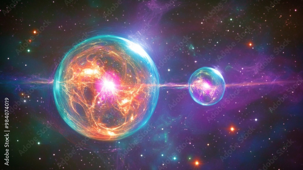 Poster visual representation of quantum entanglement illustrating interconnected particles in a cosmic land