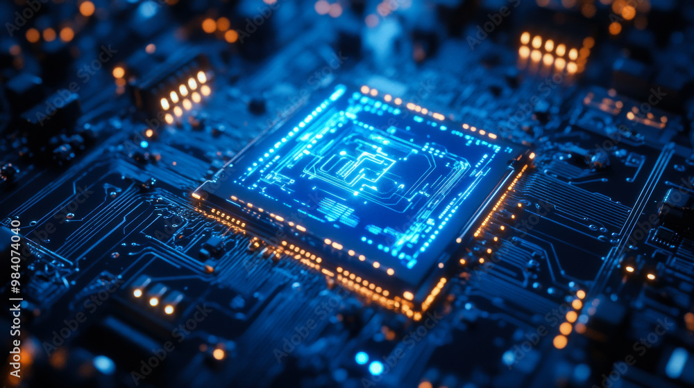 Poster close-up view of a glowing microprocessor on a circuit board filled with vibrant blue and orange lig