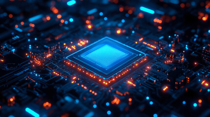 Close-up view of a glowing microprocessor on a circuit board filled with vibrant blue and orange lights, showcasing advanced technology