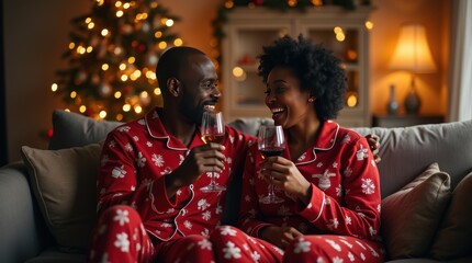 Obraz premium Happy senior couple in matching pajamas celebrating Christmas, festive home atmosphere, holiday traditions, warmth, and family moments, cozy evening together