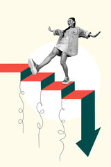 Artwork collage poster image of funny smiling cheerful woman falling down isolated on creative...