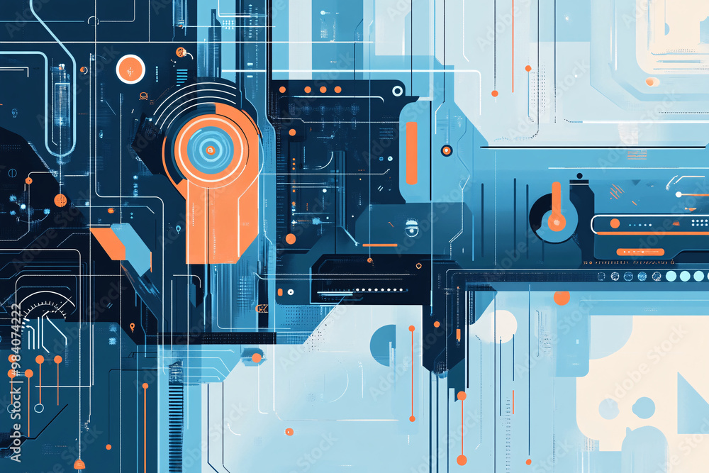 Poster a striking digital composition with bold colors and intricate patterns showcasing a futuristic techn