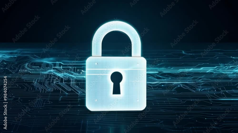Poster A metallic padlock stands prominently against a backdrop of glowing circuit patterns, symbolizing the importance of cybersecurity and digital safety in technology.