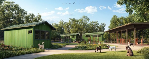An eco-friendly pet park with structures clad in green fiber cement siding, equipped with pet-friendly features and designed to blend into a park setting seamlessly