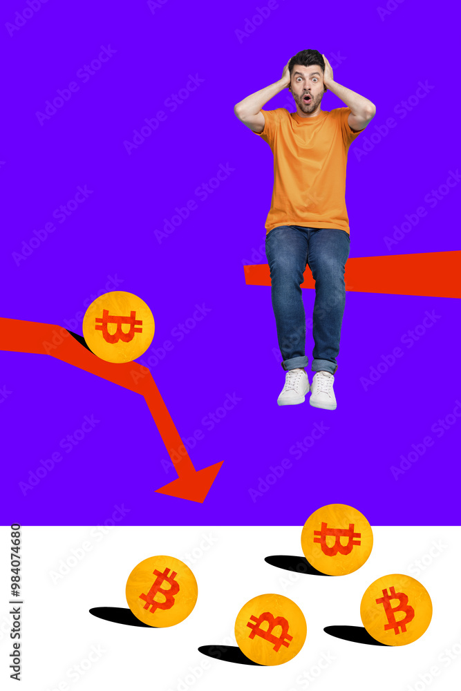 Aufkleber vertical composite artwork collage image picture of impressed guy falling down bitcoin isolated on c