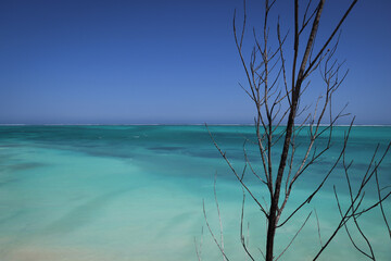 Fototapeta premium Scogliera rocciosa che si affaccia sul mare turchese, cielo blu senza nuvole e spiaggia bianca