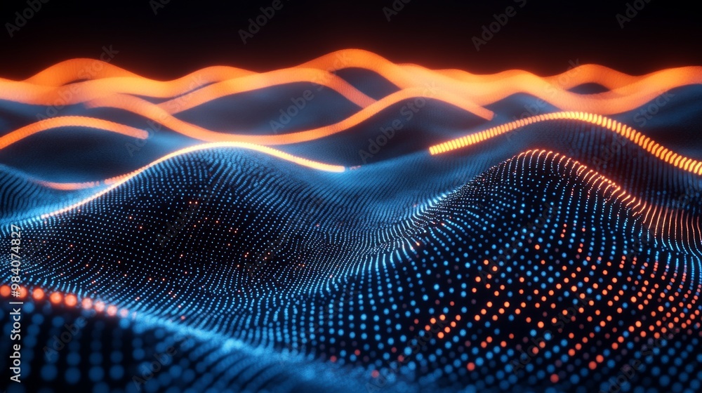 Poster glowing particles represent quantum cryptography networks with photons and electrons in a vibrant, a