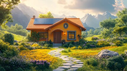 Fototapeta premium A bright modern house with solar panels, using renewable energy from the sun, animated in a playful 3D style, with sunny skies and greenery.