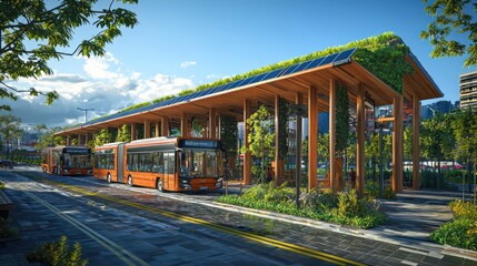 Fototapeta premium An eco-friendly wooden bus station in an urban area, featuring solar roofs, rainwater collection systems, and green walls