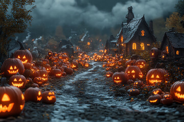 A spooky village path lined with carved jack-o'-lanterns glowing on Halloween night, with eerie houses and dark clouds in the background.