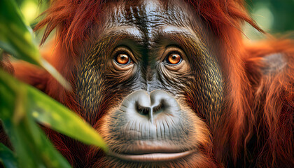 Obraz premium Ojos y mirada de la naturaleza, Orangutan, Pongo. Animales, fauna, planeta Tierra, biodiversidad, Ecosistema