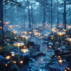 Obraz premium Magical forest with futuristic elements, the stars shine above the glowing plants, creating dreamlike night scenes, generative AI