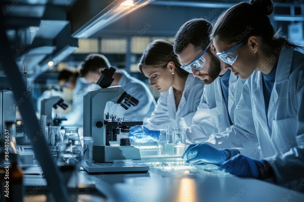 Poster a group of scientists working in a high-tech laboratory, focused on using advanced