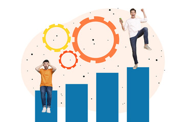 Composite artwork collage image picture of two mini guys raise fist smart phone cogwheel isolated on creative background