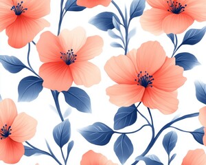 Soft pink flowers bloom against a white background, with detailed blue leaves adding a touch of color. .