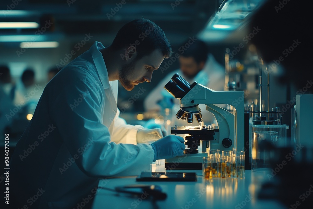 Poster a group of scientists working in a high-tech laboratory, focused on using advanced