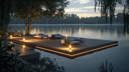 An expansive wooden dock on a tranquil lake, featuring minimalist furniture and integrated lighting for evening gatherings