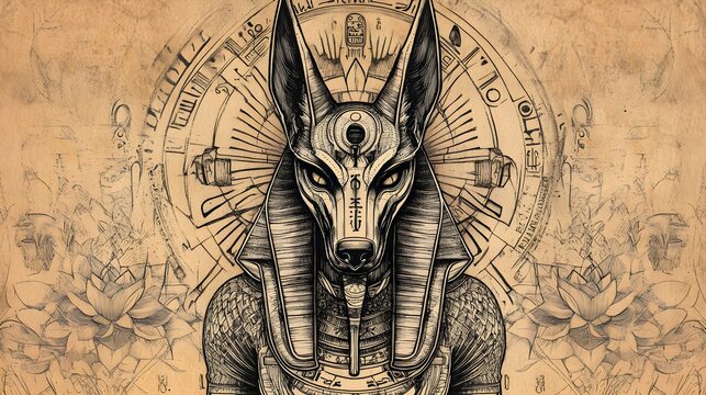 Anubis Egyptian God Illustration on Parchment Background