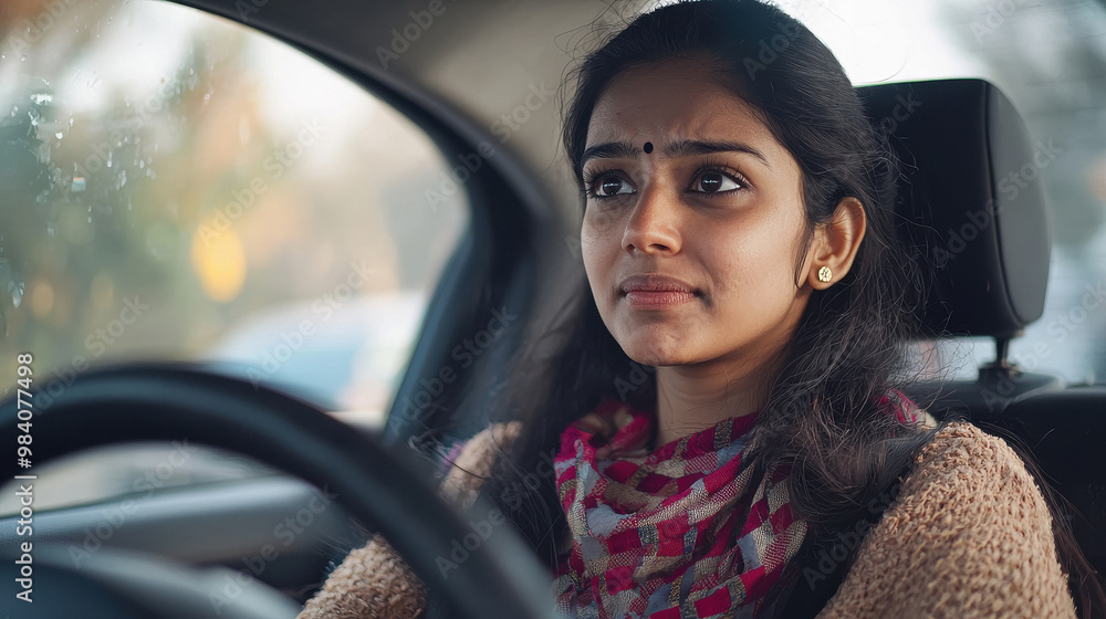 Wall mural nervous indian lady driver with worried expression afraid to drive car by herself for first time or 