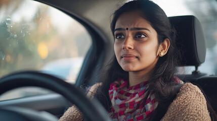 Nervous indian lady driver with worried expression afraid to drive car by herself for first time or having car accident on road