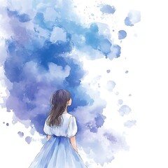 Watercolor Illustration of a Woman in a Blue Dress Facing Away from the Camera with a Blue Watercolor Background.