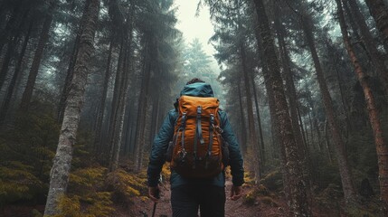 A lone hiker navigates a misty forest, surrounded by tall trees, embracing nature tranquility with a vibrant backpack.
