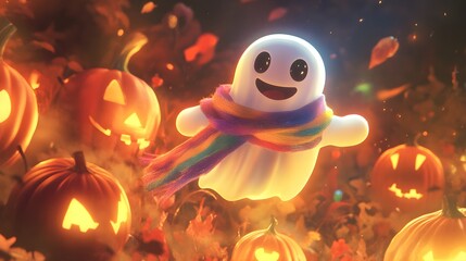 Happy Halloween Ghost with Jack o Lantern Pumpkins