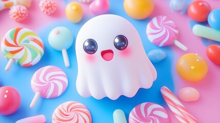 Cute Ghost with Candy Canes and Lollipops on Blue and Pink Background