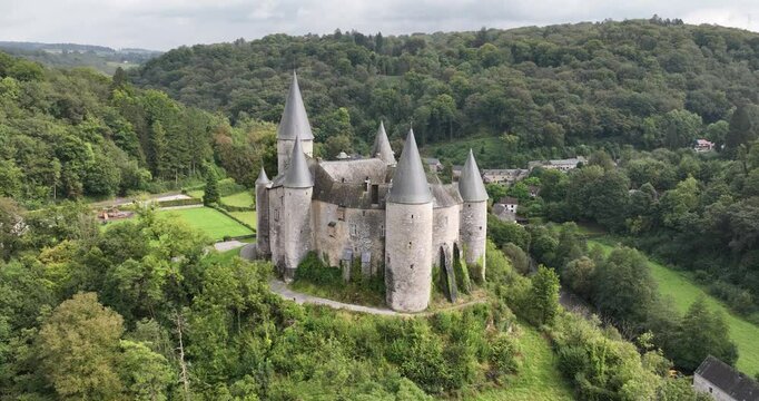 The Chateau de Veves castle, Houyet in the Belgian province of Namur. Aerial drone video.