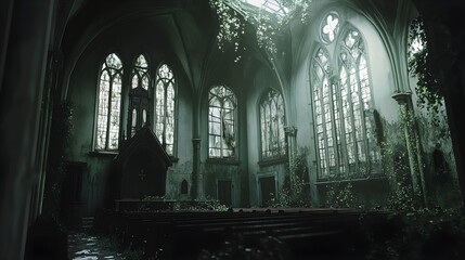 Naklejka premium Abandoned Church Interior with Ivy and Sunbeams
