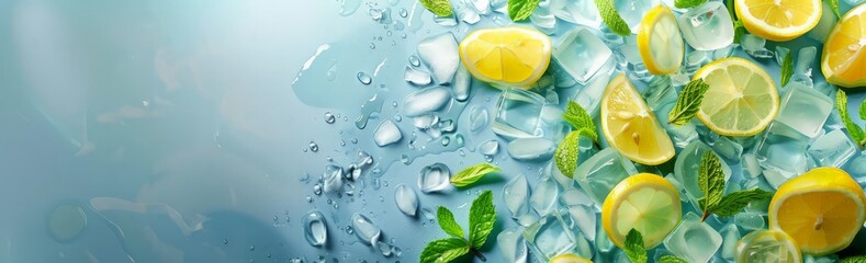 Background with crushed ice cubes and mint and lemon, top view