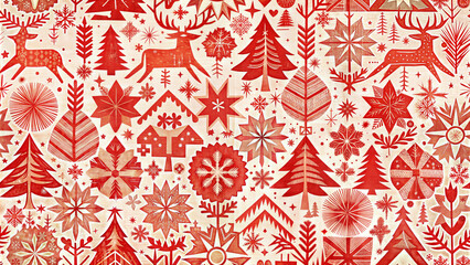 Seamless festive Christmas pattern featuring red reindeer, trees, and decorative elements in cream background