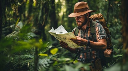 A man examines a map while exploring a lush, green forest, embodying adventure and exploration in nature's tranquility.