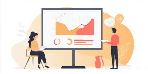 vector illustration of a company presentation. office work. flat background. business work. work colleagues. laptop presentation . 