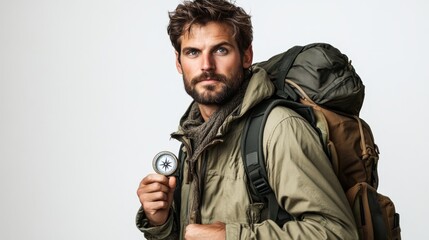 Fototapeta premium A rugged man holds a compass, dressed in outdoor gear, ready for adventure with a backpack on his shoulders.