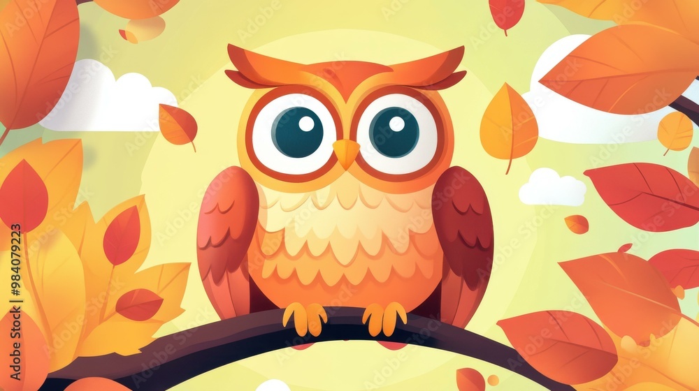 Poster Adorable owl art surrounded by lush leaves, featuring a playful mix of bold flat design and cartoon flair.