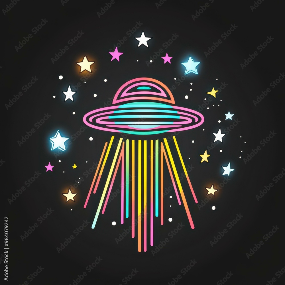 Sticker Pastel neon tubes and stars blend seamlessly into a dreamy scene, enhanced by a striking UFO on a black canvas.