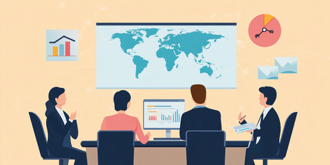 vector illustration of a company presentation. office work. world map in the background. business work. work colleagues. laptop presentation . discussion between work colleagues