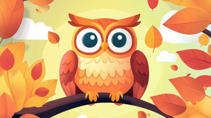Fototapeta premium Adorable owl art surrounded by lush leaves, featuring a playful mix of bold flat design and cartoon flair.
