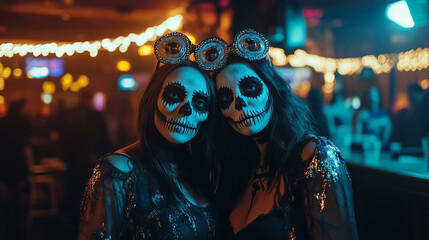 Obraz premium Two women with painted faces and skulls are posing for a photo